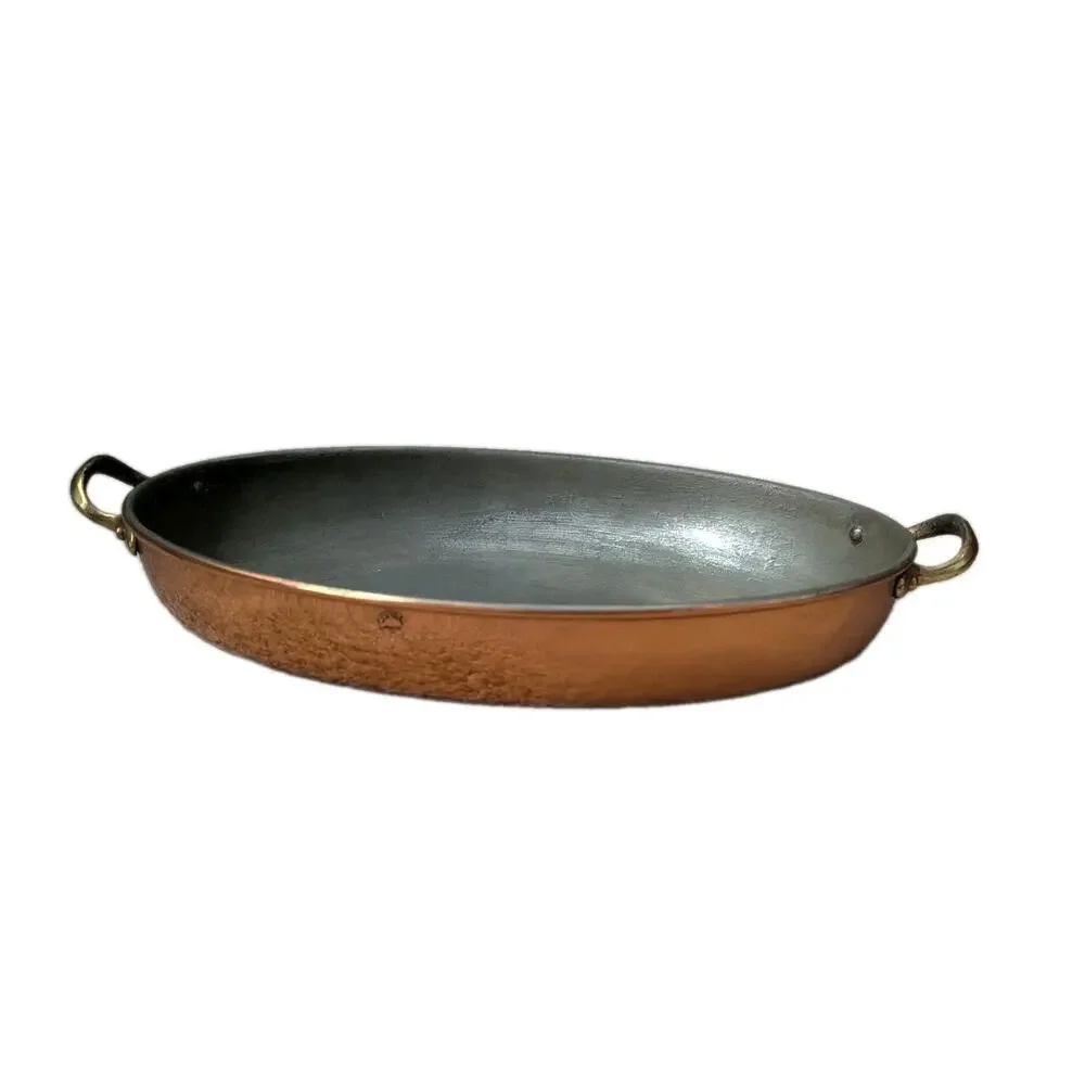 Vtg Copper Oval Gratin Pan Tin Lined Brass Handles Hammered Roasting Baking Dish